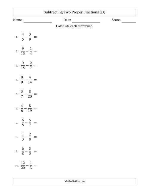 The Subtracting Two Proper Fractions with Unlike Denominators, Proper Fractions Results and All Simplifying (D) Math Worksheet