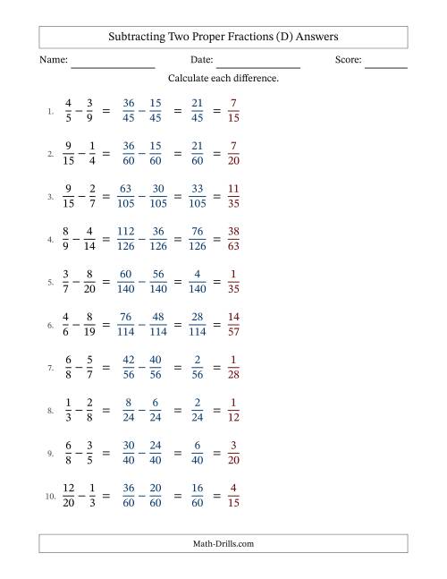 The Subtracting Two Proper Fractions with Unlike Denominators, Proper Fractions Results and All Simplifying (D) Math Worksheet Page 2