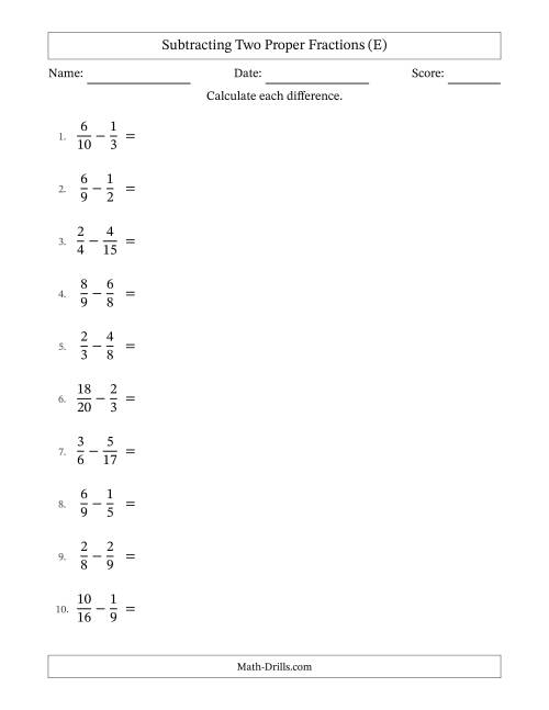 The Subtracting Two Proper Fractions with Unlike Denominators, Proper Fractions Results and All Simplifying (E) Math Worksheet