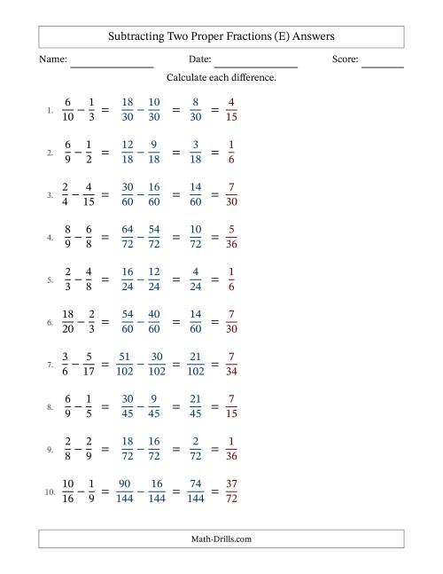 The Subtracting Two Proper Fractions with Unlike Denominators, Proper Fractions Results and All Simplifying (E) Math Worksheet Page 2