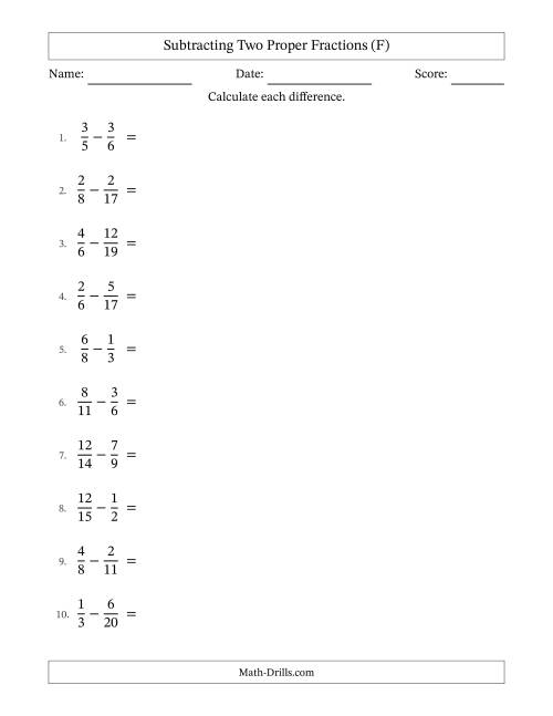 The Subtracting Two Proper Fractions with Unlike Denominators, Proper Fractions Results and All Simplifying (F) Math Worksheet
