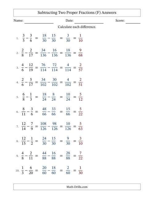 The Subtracting Two Proper Fractions with Unlike Denominators, Proper Fractions Results and All Simplifying (F) Math Worksheet Page 2