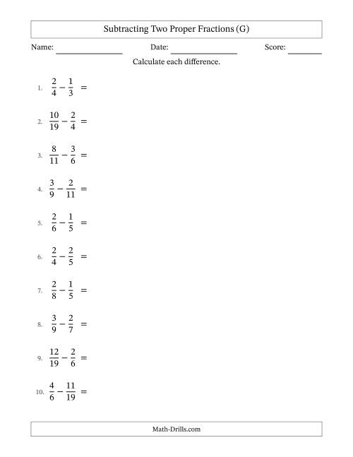 The Subtracting Two Proper Fractions with Unlike Denominators, Proper Fractions Results and All Simplifying (G) Math Worksheet