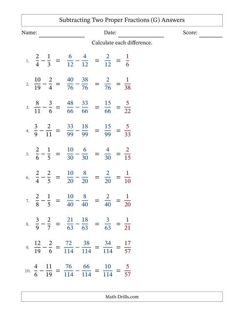 The Subtracting Two Proper Fractions with Unlike Denominators, Proper Fractions Results and All Simplifying (G) Math Worksheet Page 2