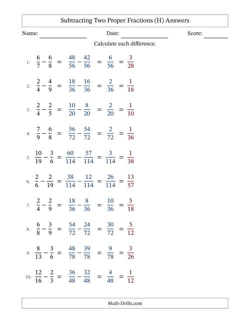 The Subtracting Two Proper Fractions with Unlike Denominators, Proper Fractions Results and All Simplifying (H) Math Worksheet Page 2