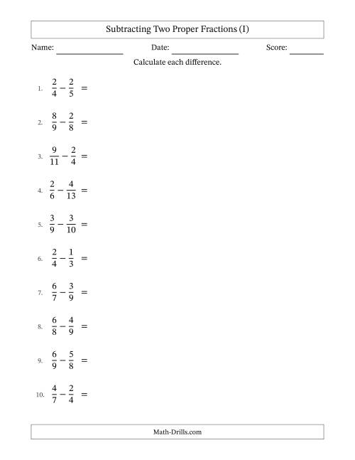 The Subtracting Two Proper Fractions with Unlike Denominators, Proper Fractions Results and All Simplifying (I) Math Worksheet