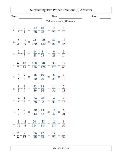 The Subtracting Two Proper Fractions with Unlike Denominators, Proper Fractions Results and All Simplifying (J) Math Worksheet Page 2