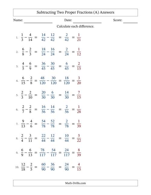 The Subtracting Two Proper Fractions with Unlike Denominators, Proper Fractions Results and All Simplifying (All) Math Worksheet Page 2