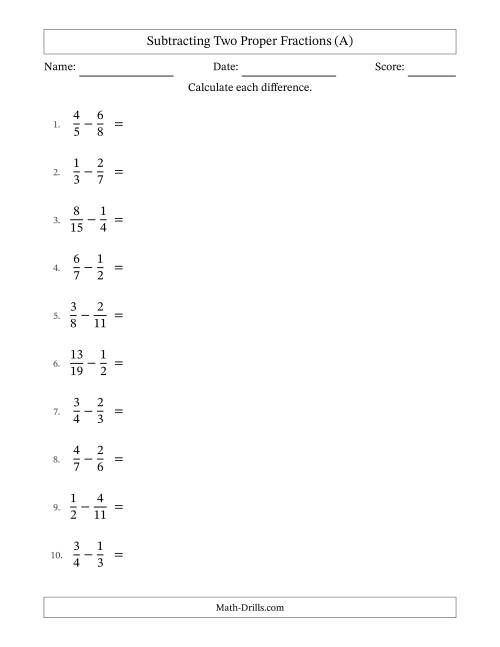 The Subtracting Two Proper Fractions with Unlike Denominators, Proper Fractions Results and Some Simplifying (A) Math Worksheet