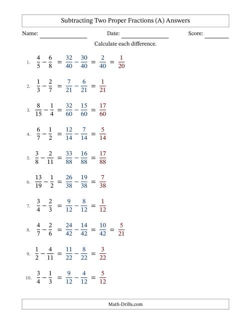 The Subtracting Two Proper Fractions with Unlike Denominators, Proper Fractions Results and Some Simplifying (A) Math Worksheet Page 2