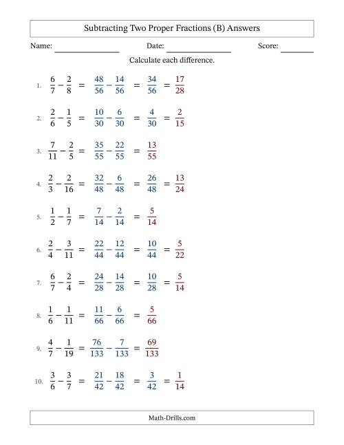 The Subtracting Two Proper Fractions with Unlike Denominators, Proper Fractions Results and Some Simplifying (B) Math Worksheet Page 2