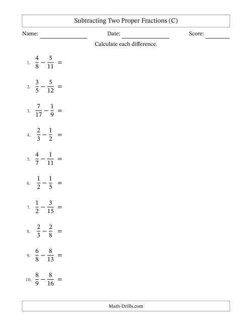 The Subtracting Two Proper Fractions with Unlike Denominators, Proper Fractions Results and Some Simplifying (C) Math Worksheet