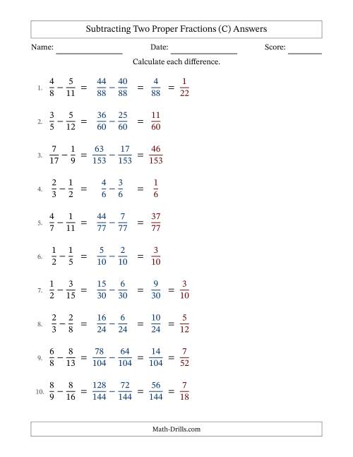 The Subtracting Two Proper Fractions with Unlike Denominators, Proper Fractions Results and Some Simplifying (C) Math Worksheet Page 2