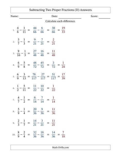 The Subtracting Two Proper Fractions with Unlike Denominators, Proper Fractions Results and Some Simplifying (D) Math Worksheet Page 2