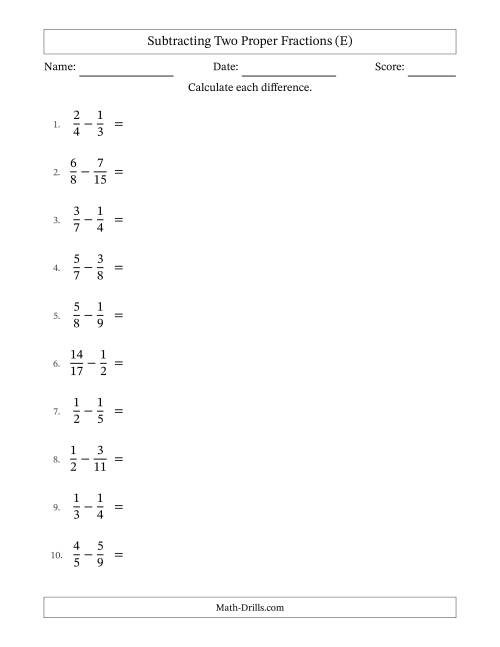The Subtracting Two Proper Fractions with Unlike Denominators, Proper Fractions Results and Some Simplifying (E) Math Worksheet