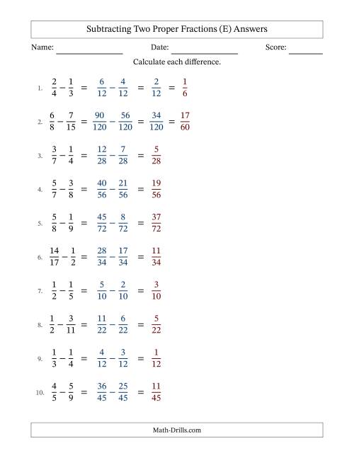 The Subtracting Two Proper Fractions with Unlike Denominators, Proper Fractions Results and Some Simplifying (E) Math Worksheet Page 2