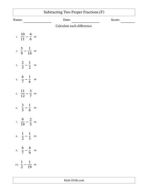 The Subtracting Two Proper Fractions with Unlike Denominators, Proper Fractions Results and Some Simplifying (F) Math Worksheet