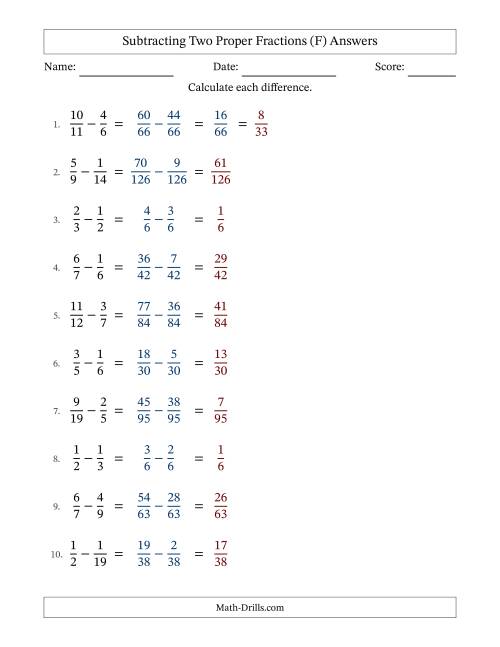 The Subtracting Two Proper Fractions with Unlike Denominators, Proper Fractions Results and Some Simplifying (F) Math Worksheet Page 2