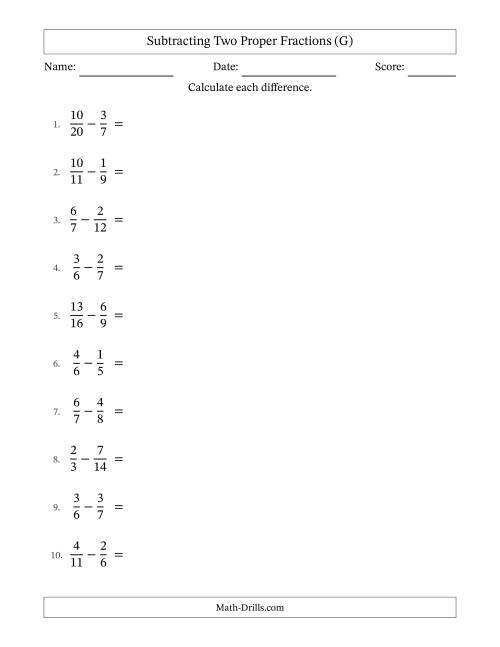 The Subtracting Two Proper Fractions with Unlike Denominators, Proper Fractions Results and Some Simplifying (G) Math Worksheet