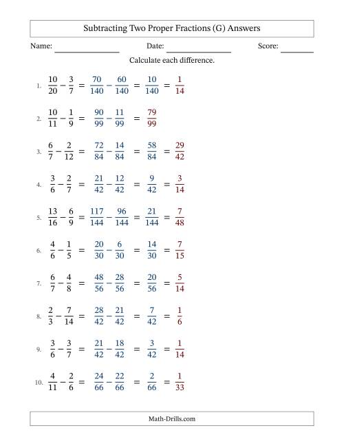 The Subtracting Two Proper Fractions with Unlike Denominators, Proper Fractions Results and Some Simplifying (G) Math Worksheet Page 2