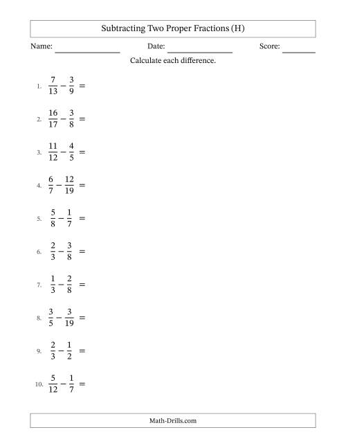The Subtracting Two Proper Fractions with Unlike Denominators, Proper Fractions Results and Some Simplifying (H) Math Worksheet