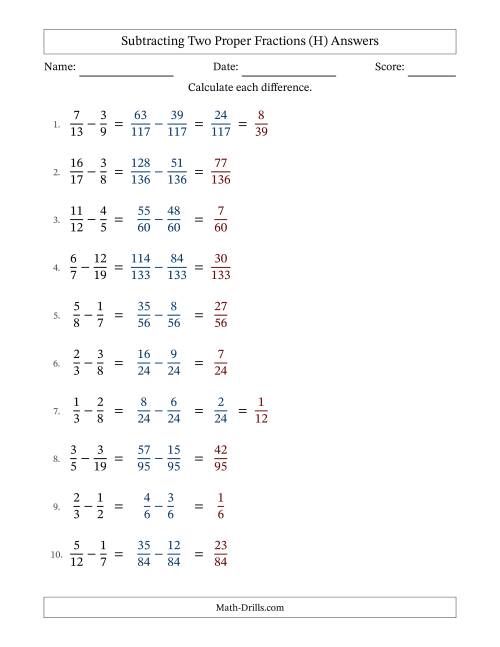 The Subtracting Two Proper Fractions with Unlike Denominators, Proper Fractions Results and Some Simplifying (H) Math Worksheet Page 2