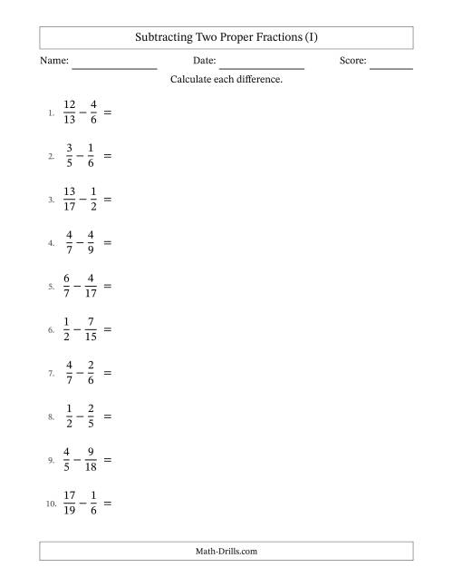 The Subtracting Two Proper Fractions with Unlike Denominators, Proper Fractions Results and Some Simplifying (I) Math Worksheet