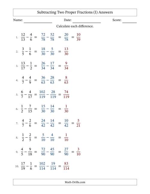 The Subtracting Two Proper Fractions with Unlike Denominators, Proper Fractions Results and Some Simplifying (I) Math Worksheet Page 2