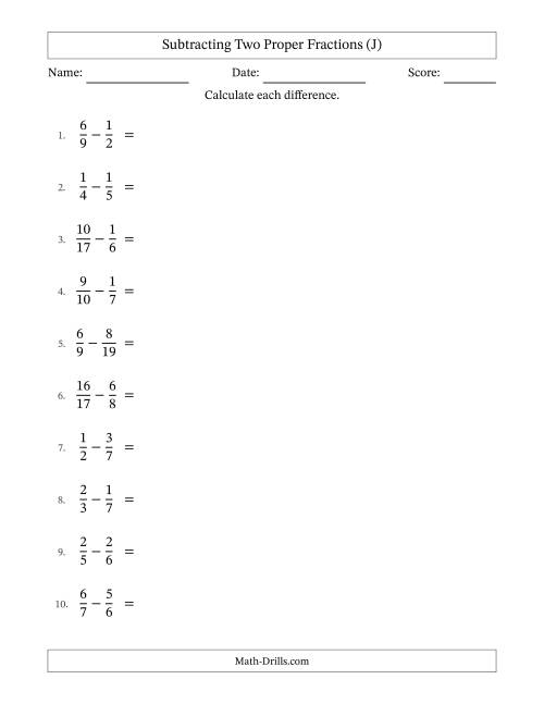 The Subtracting Two Proper Fractions with Unlike Denominators, Proper Fractions Results and Some Simplifying (J) Math Worksheet