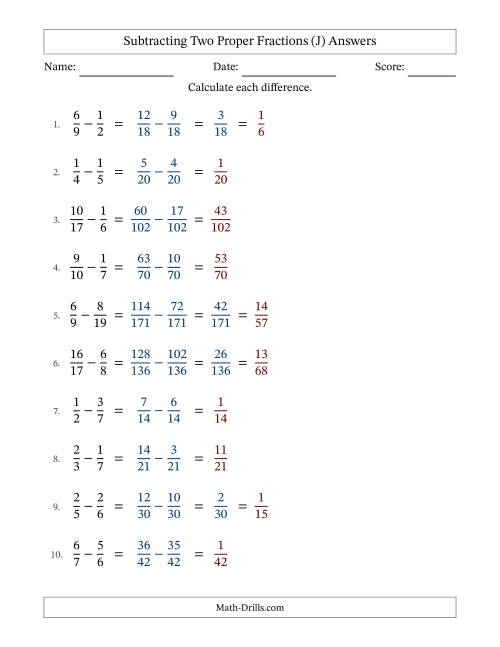 The Subtracting Two Proper Fractions with Unlike Denominators, Proper Fractions Results and Some Simplifying (J) Math Worksheet Page 2