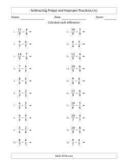 Subtracting Proper and Improper Fractions with Equal Denominators, Proper Fractions Results and No Simplifying