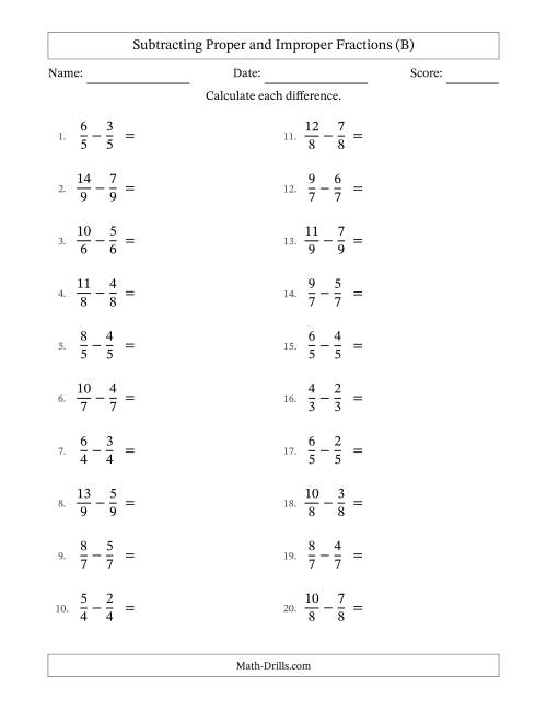 The Subtracting Proper and Improper Fractions with Equal Denominators, Proper Fractions Results and No Simplifying (B) Math Worksheet