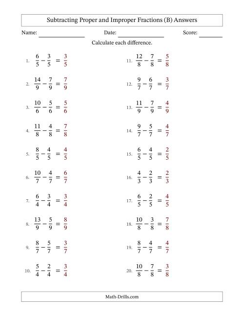 The Subtracting Proper and Improper Fractions with Equal Denominators, Proper Fractions Results and No Simplifying (B) Math Worksheet Page 2