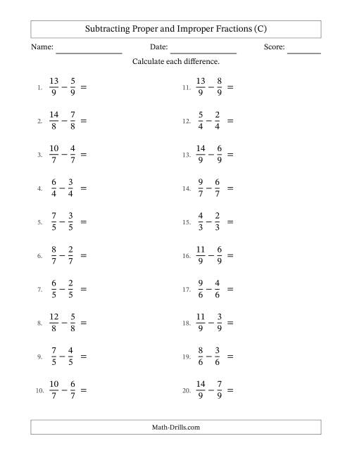 The Subtracting Proper and Improper Fractions with Equal Denominators, Proper Fractions Results and No Simplifying (C) Math Worksheet