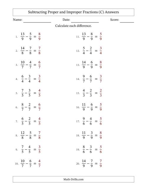 The Subtracting Proper and Improper Fractions with Equal Denominators, Proper Fractions Results and No Simplifying (C) Math Worksheet Page 2