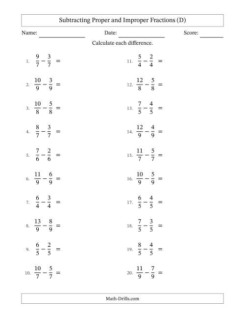 The Subtracting Proper and Improper Fractions with Equal Denominators, Proper Fractions Results and No Simplifying (D) Math Worksheet