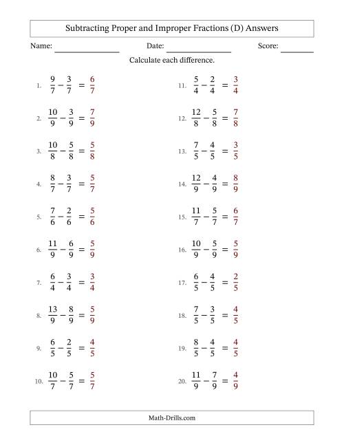 The Subtracting Proper and Improper Fractions with Equal Denominators, Proper Fractions Results and No Simplifying (D) Math Worksheet Page 2