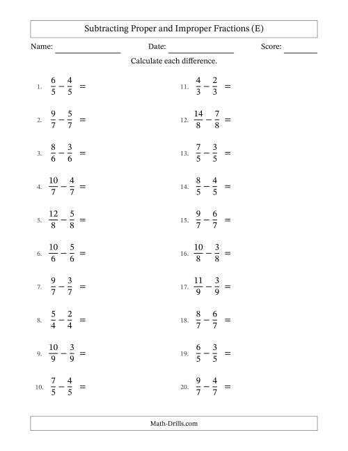 The Subtracting Proper and Improper Fractions with Equal Denominators, Proper Fractions Results and No Simplifying (E) Math Worksheet