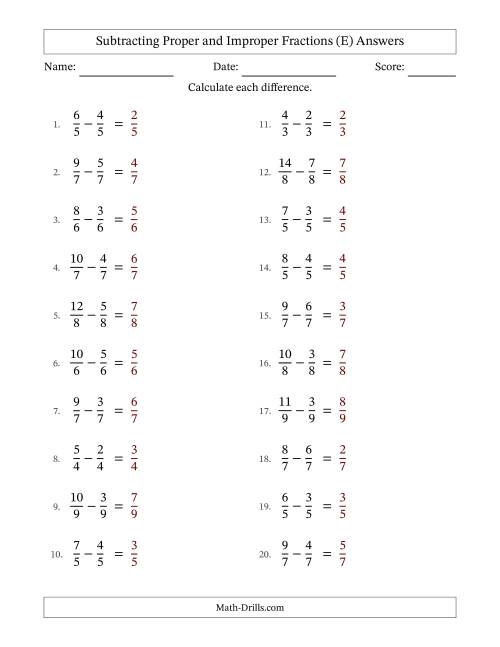 The Subtracting Proper and Improper Fractions with Equal Denominators, Proper Fractions Results and No Simplifying (E) Math Worksheet Page 2