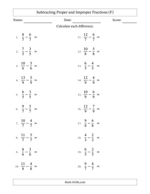 The Subtracting Proper and Improper Fractions with Equal Denominators, Proper Fractions Results and No Simplifying (F) Math Worksheet