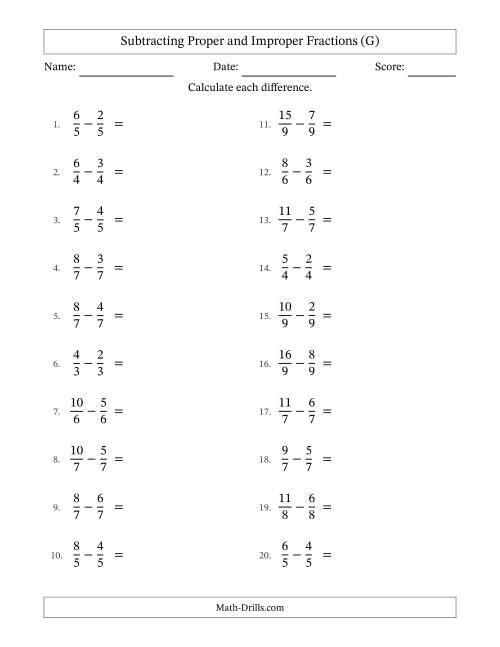 The Subtracting Proper and Improper Fractions with Equal Denominators, Proper Fractions Results and No Simplifying (G) Math Worksheet