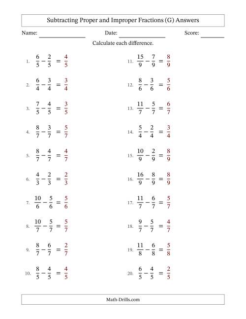 The Subtracting Proper and Improper Fractions with Equal Denominators, Proper Fractions Results and No Simplifying (G) Math Worksheet Page 2