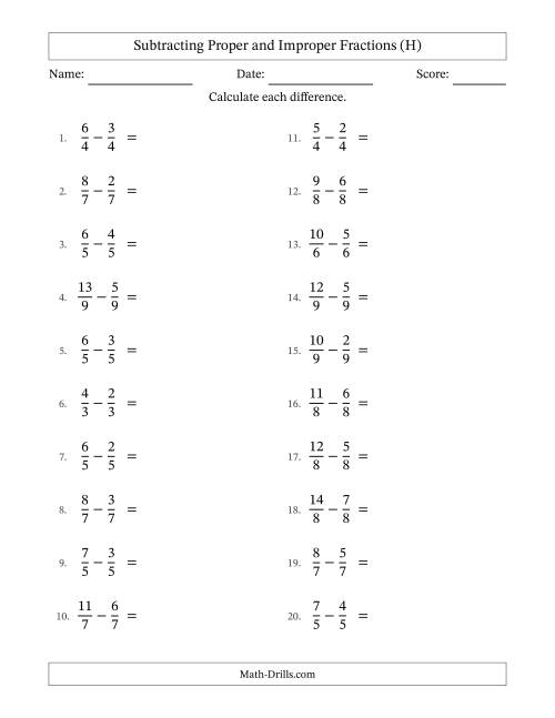 The Subtracting Proper and Improper Fractions with Equal Denominators, Proper Fractions Results and No Simplifying (H) Math Worksheet