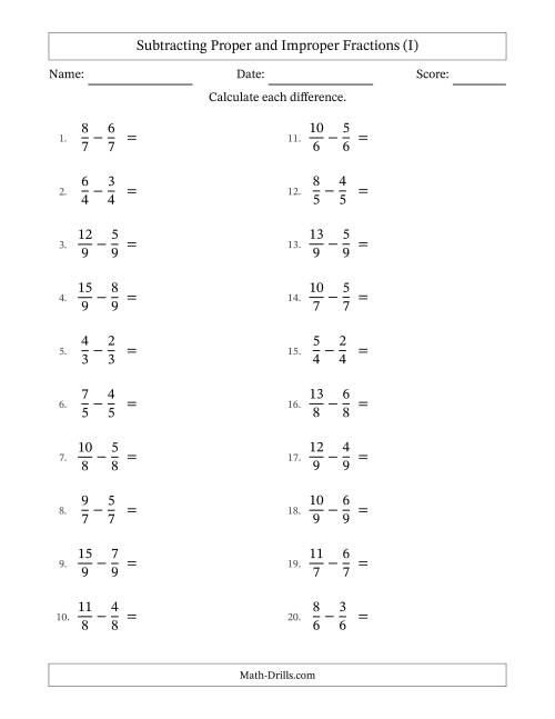 The Subtracting Proper and Improper Fractions with Equal Denominators, Proper Fractions Results and No Simplifying (I) Math Worksheet