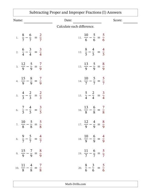 The Subtracting Proper and Improper Fractions with Equal Denominators, Proper Fractions Results and No Simplifying (I) Math Worksheet Page 2