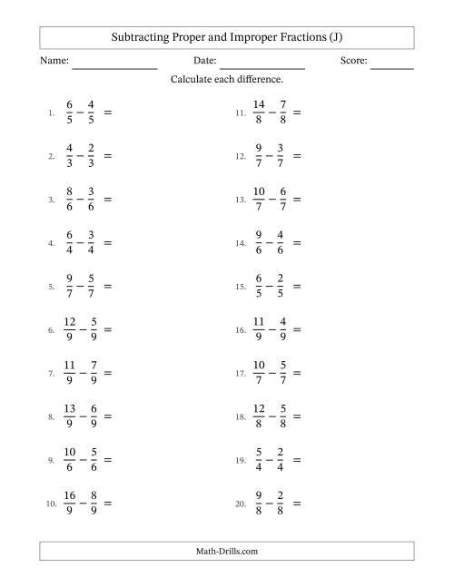 The Subtracting Proper and Improper Fractions with Equal Denominators, Proper Fractions Results and No Simplifying (J) Math Worksheet