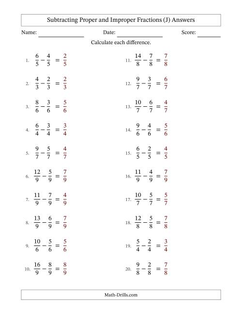 The Subtracting Proper and Improper Fractions with Equal Denominators, Proper Fractions Results and No Simplifying (J) Math Worksheet Page 2