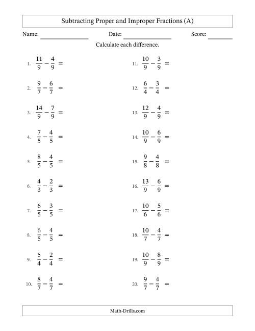 The Subtracting Proper and Improper Fractions with Equal Denominators, Proper Fractions Results and No Simplifying (All) Math Worksheet