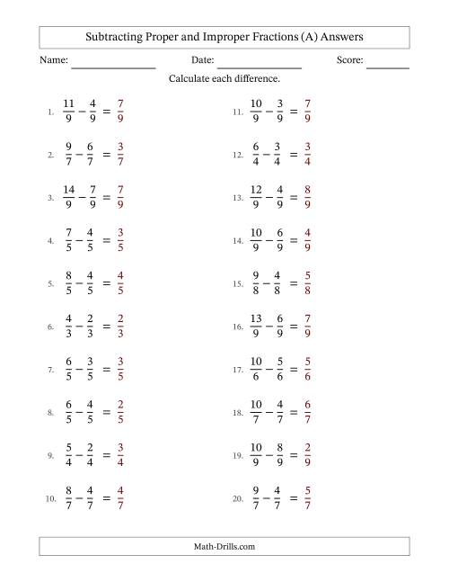 The Subtracting Proper and Improper Fractions with Equal Denominators, Proper Fractions Results and No Simplifying (All) Math Worksheet Page 2