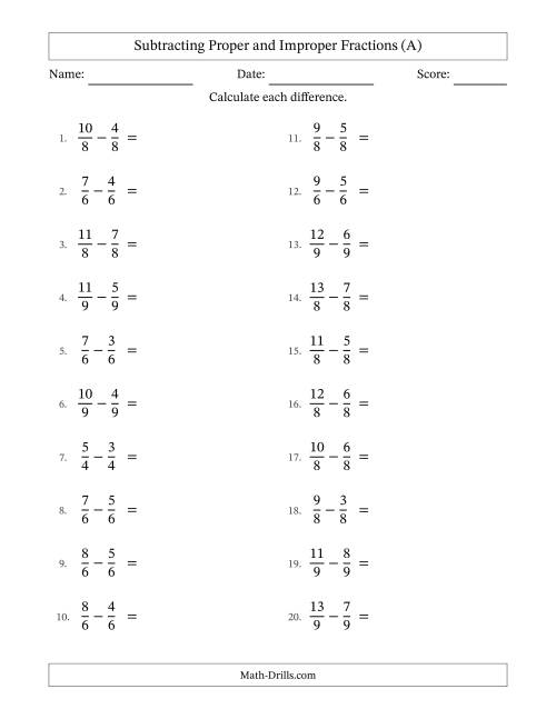 The Subtracting Proper and Improper Fractions with Equal Denominators, Proper Fractions Results and All Simplifying (A) Math Worksheet